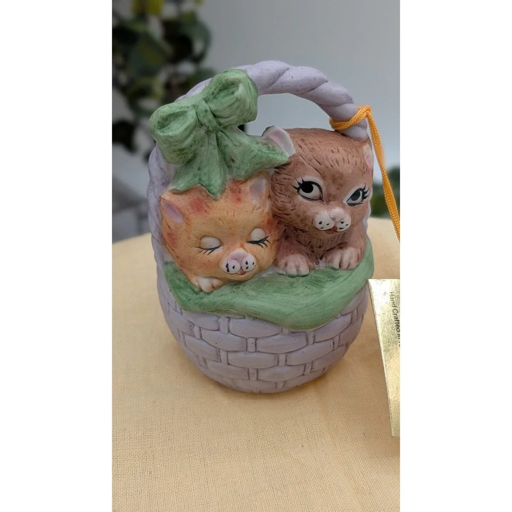 Vintage Enesco Basket Babies Porcelain Bell – Kittens in Basket – Genuine Bisque